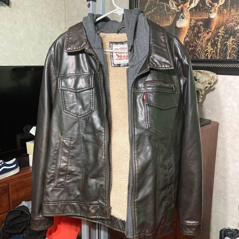 Levi’s leather jacket with hood